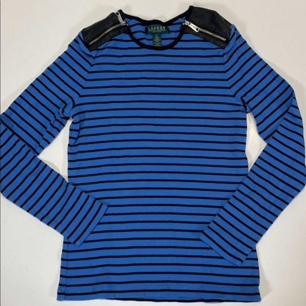 Lauren Ralph Lauren Petite Blue Black Stripe Zip Shoulder Top Size Small